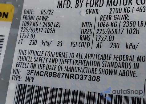 2022 Ford Bronco Sport Big Bend z USA, uszkodzony, nr VIN 3FMCR9B67NRD37308